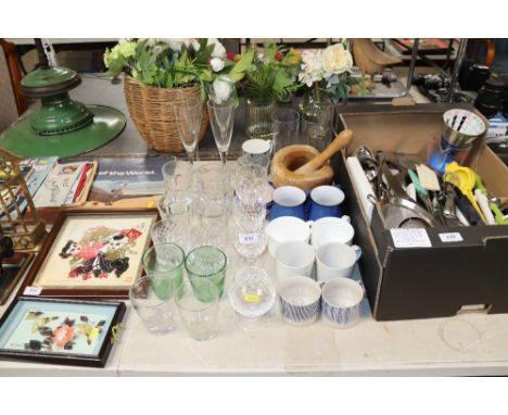 A quantity of various table glass ware; Denby and other kitchen mugs; wooden pestle and mortar etc.