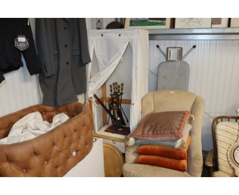 A portable wardrobe; a two tier folding tray table; a white painted bedside chest; companion stand; walking sticks etc.