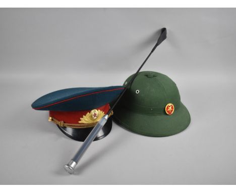 Two Reproduction Contemporary Military Hats and a Riding Whip 