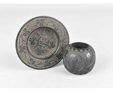 A Miniature Irish Bog Oak Charger and Vase Decorated in Relief with Shamrocks, Harp Etc 