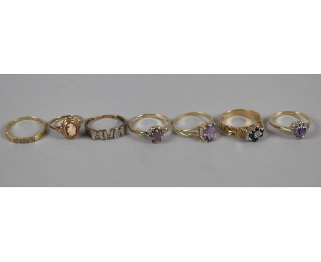 A Collection of Seven 9ct Gold and Jewelled Ladies Dress Rings to include Diamond, Sapphire, Amethyst and Cameo Examples, 11.