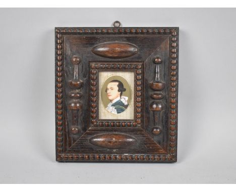 A Carved Oak Miniature Frame Containing Hand Painted Continental Portrait of Young Gent, 20x22cms 