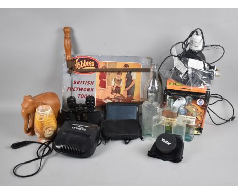 A Box of Sundries to include Fretwork Saw, Binoculars, Light Dome, Bottles Etc 