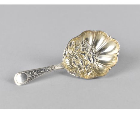 A 19th Century Silver Caddy Spoon with Chased Handle and Shell Shaped Bowl with Repousse Scrolls, Foliage and Shells, Marks R