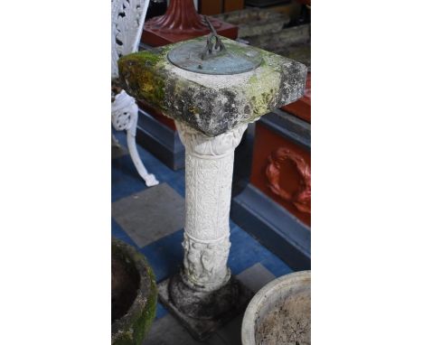 A Reconstituted Stone Garden Sundial on Classical Style Moulded Column Support with Figural Frieze And Scrolls etc, 77cm high