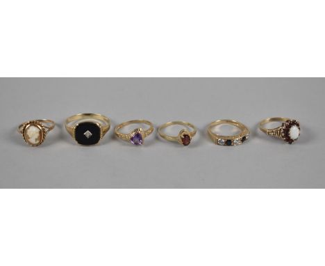 Six 9ct Gold Mounted Rings to include Diamond Mounted Signet Ring, Carved Cameo Ring, Opal and Garnet, Sapphire and CZ Boat R