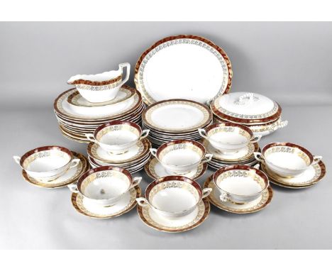 A Large Royal Stafford Bone China Burgundy and Gilt Trim Dinner Service to Comprise Plates, Platter, Sauce Boat, Twin Handled