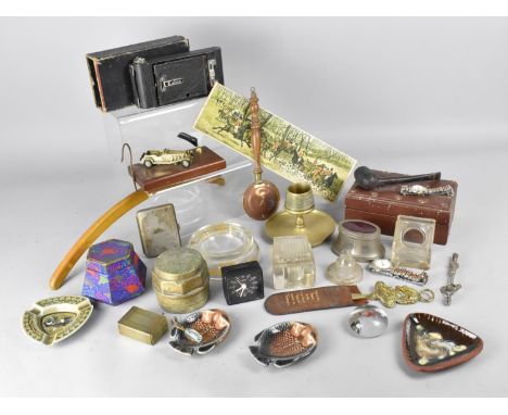 A Collection of Various Vintage Sundries to Comprise Kodak Bellows Camera, Novelty Motor Car Pen Stand, Silver Plated Cigaret