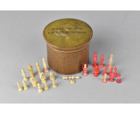 A Small Treen Circular Box Containing Part Miniature Bone Chess Set, The Lid Inscribed "Game of The United Kingdom", 6cms Dia