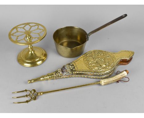 A Pair of Brass Mounted Bellows, Brass Trivet, Toasting Fork and Saucepan 