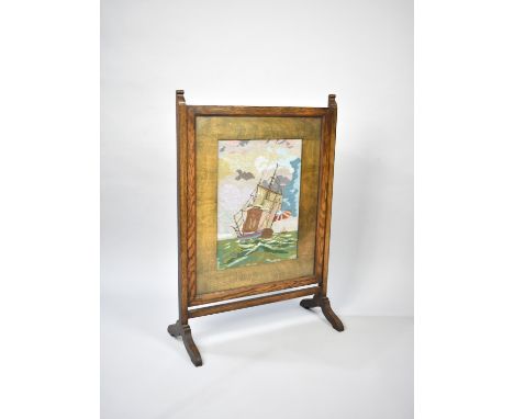 A Mid 20th Century Oak Framed Tapestry Fire Screen depicting Sailing Galleon, 59cms Wide 