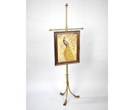 A 19th Century Brass Rise and Fall Pole Screen with Tripod Base and Moulded Scrolled Feet, Oak Framed Tapestry Panel Depictin