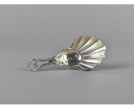 A Silver Caddy Spoon with Scrolled and Pierced Handle and Shell Bowl, Sheffield Hallmark, 9cm long 