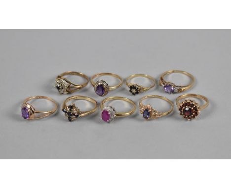 A Collection of Nine 9ct Gold Jewelled Rings to Include Amethyst, Ruby, Sapphire, Garnet and Diamond Mounted Examples, 16.7gm