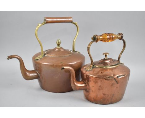 Two Copper Kettles, one with Amber Glass Handle, Other with Acorn Finial 