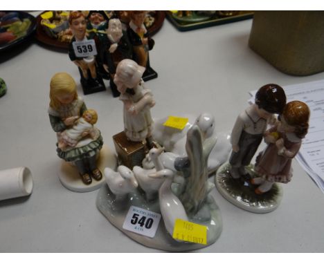Two Nao geese models & three English porcelain figures