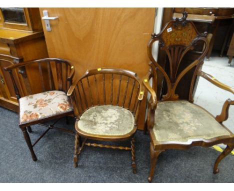 Early twentieth century inlaid & decorated armchair with cushion seat together with a vintage spindle back bucket-style chair