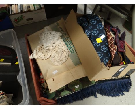 A quantity of lace doilies, fabrics & vintage gentleman's neck ties