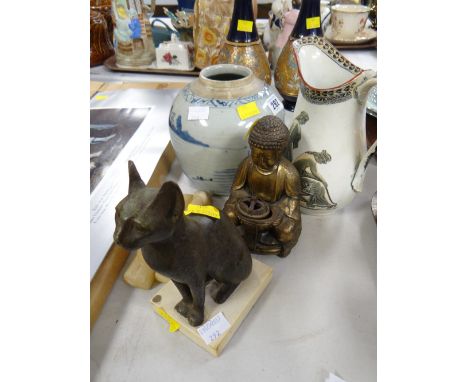 A provincial Chinese provision jar, a metal feline model etc