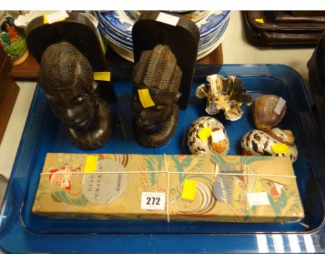 A pair of congolese ebony bookends, box of vintage knitting needles & painted shelves etc