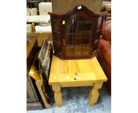 A modern pine table, a vintage trouser press, modern bentwood butler's tray & small wall display cabinet