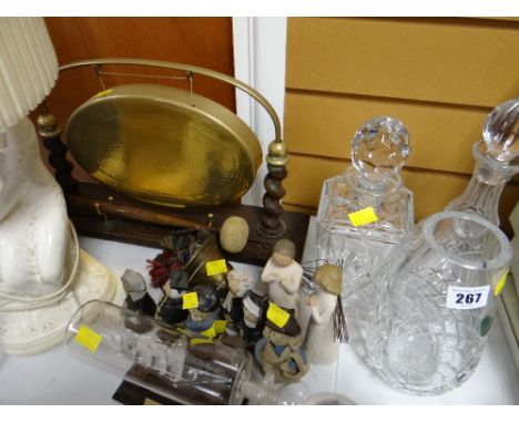 A cut glass vase trophy for Welsh Woman of the Year & two cut glass decanters together with a modern ship in bottle table lam