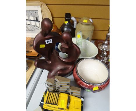 A modern sculpture, sundry items of pottery & an 'Only Fools & Horses' alarm clock