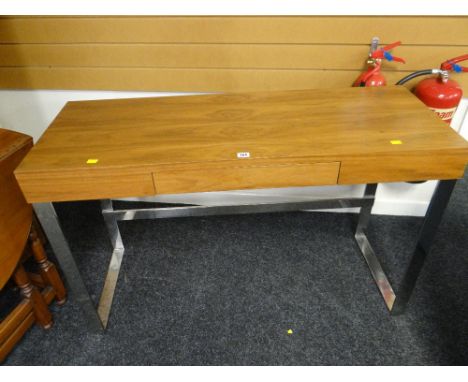 A neat modern light wood & chrome legged console table with centre drawer