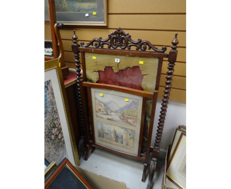 An antique barley-twist mahogany tapestry fire screen (distressed) & another with watercolour landscapes