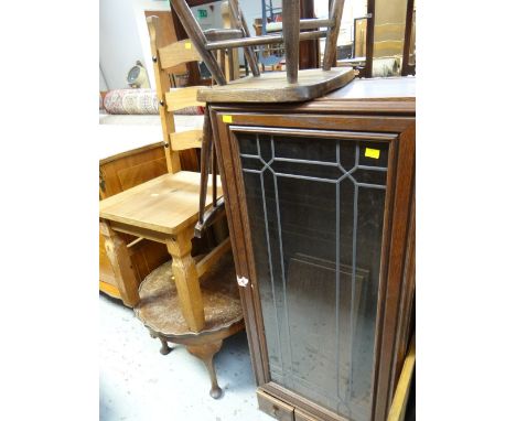 A narrow single-door glazed bookcase, an Ercol spindle back chair & a coffee table etc