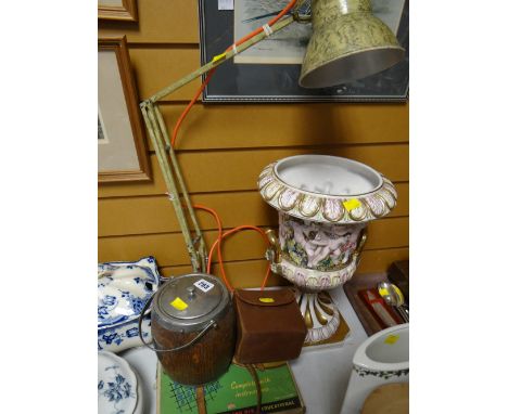 A retro mottled decorated anglepoise lamp, a biscuit barrel, a vintage table game etc