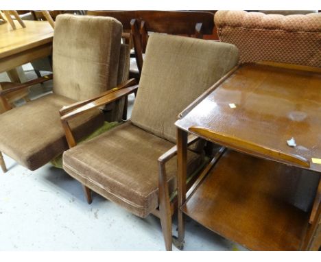 A vintage polished dinner wagon & a pair of vintage adjustable back teak framed & cushioned armchairs