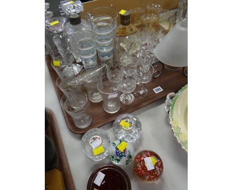 A quantity of glassware including paperweights, lead crystal glasses, a dimple scotch whisky decanter etc