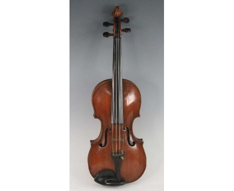 An early 20th century violin, having a one piece maple back with spruce top, maple neck, ebony fingerboard and rosewood pegs,