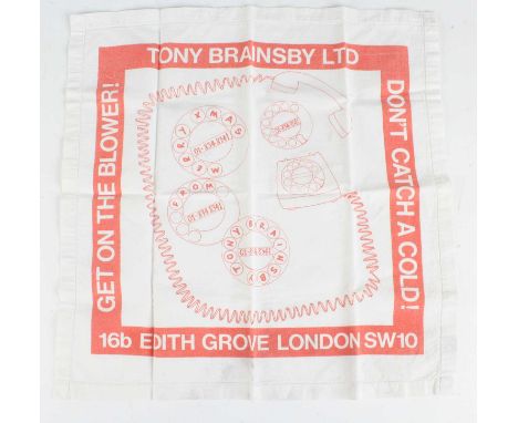 Tony Brainsby, a cotton promotional handkerchief, printed to the centre with a telephone and telephone dials Merry Xmas from 