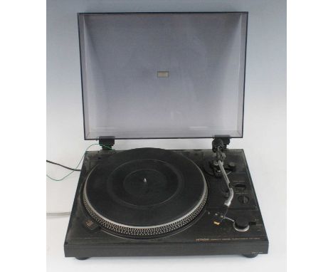 A Hitachi HT-350 belt drive turntable, serial no. 8054637K, w.45, d.35, h.14cm, together with a pair of Philips type 70FB260/