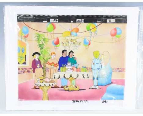 A collection of three hand painted animation cels on acetate, the first depicting a boy walking towards a building, the secon