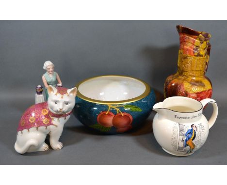 A Victorian Motto Ware Jug " Flowers from Nature" together with a Mangani model of a cat, an art pottery jug, a hand-painted 
