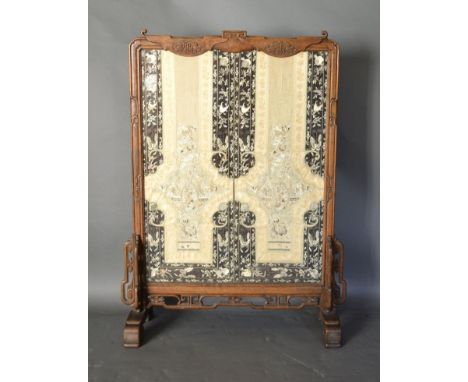 A Chinese Hardwood Screen with Silkwork Embroidered Panel depicting butterflies amongst foliage 102cm high 80cm wide 