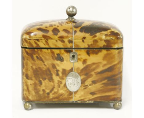 A Victorian tortoiseshell twin compartment tea caddy,with white metal stringing and bun feet,14cm wide14cm high
