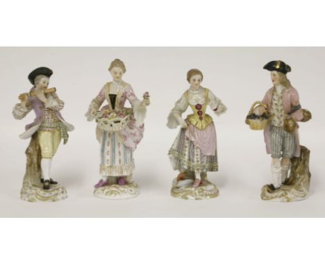 A set of four Meissen Figures,c.1850, modelled as a boy playing a flute, a girl selling flowers from a basket, a boy with gra