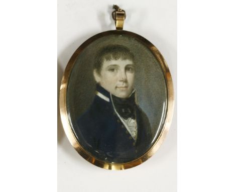 English School, early 19th centuryPORTRAIT OF A YOUNG MAN, BUST LENGTH, IN UNIFORMMiniature on ivory, oval64 x 52mm, in a 9ct