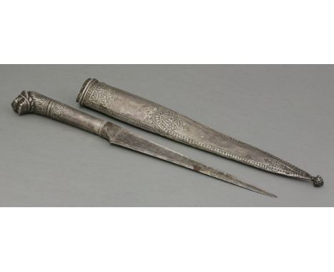 An Indian silver dagger and scabbard,c.1870, chased in Moghul style, the hilt with lion head, 31cm