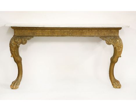 A carved and gilt console table,19th century, with a carved stiff leaf frieze, and cabriole legs, with a plain marble top,160