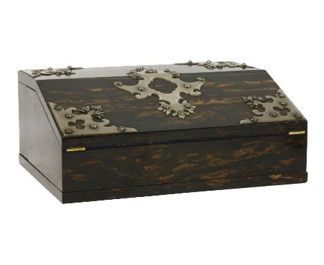 A Victorian coromandel writing box, with a fold-out slope front and cut pattern silver-plated mounts, stamped twice 'Betjeman