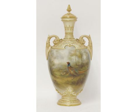 A large Royal Worcester Vase and Cover, 1904, one side painted with a female and cock pheasant in a misty wood, by James Stin