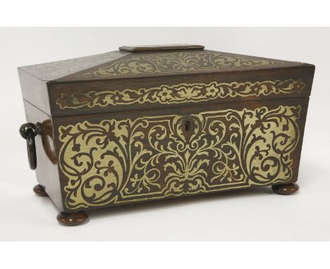 A rosewood and brass inlaid tea caddy, c.1830, with ring handles and bun feet, 35 x 19cm