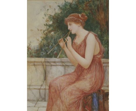 Oliver Rhys (fl.1876-1893)A SEATED WOMAN PLAYING PAN PIPESSigned l.l., watercolour37 x 26cm