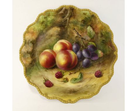 A Royal Worcester bone china Dessert Plate, 1929, painted by T. Lockyer, signed, with three peaches and raspberries and a bun