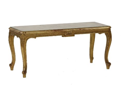 A French giltwood stool, now a table,the rectangular top inset with an Aubusson tapestry panel fragment centred with a floral